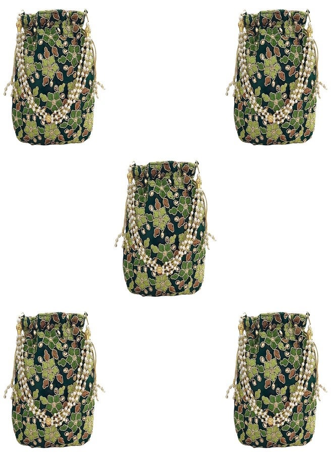 DUCHESS Designer Green Polti Bag Pearl Handle and Tassel Ethnic Purse Women’s/Girls's Handbag for Party, Casual, Bridal (Pack of 5)